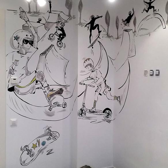 Mural painting kid dormitory with skateboard boys